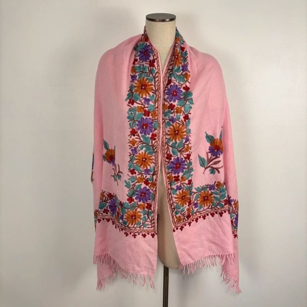 Pink Floral Embroidered Scarf Wrap Pashmina Shawl Kashmiri Boho Fringe Evening